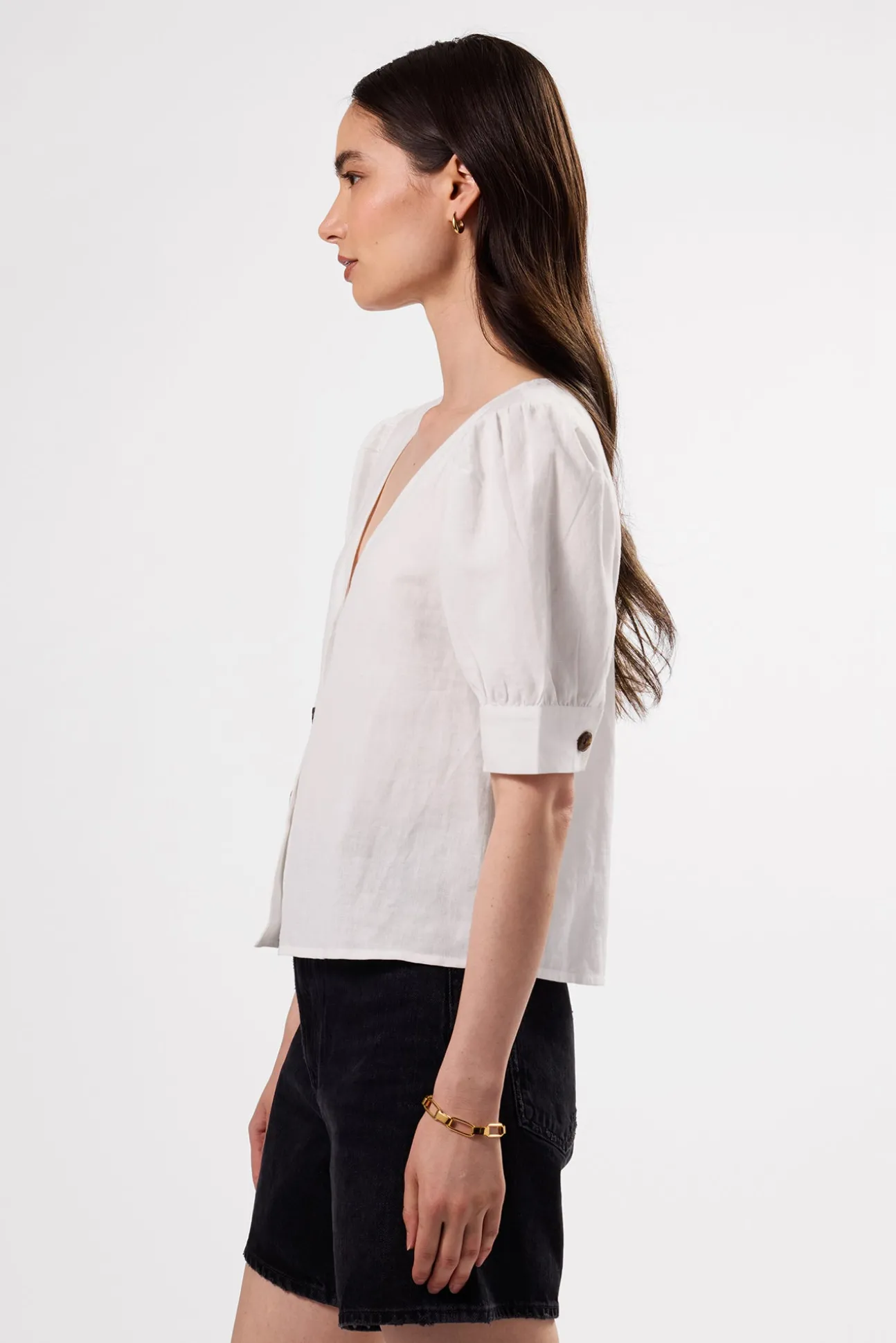 V Neck Cuff Sleeved Blouse